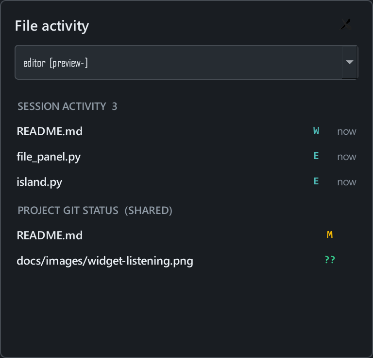 File activity panel separating three session edits from shared project Git status
