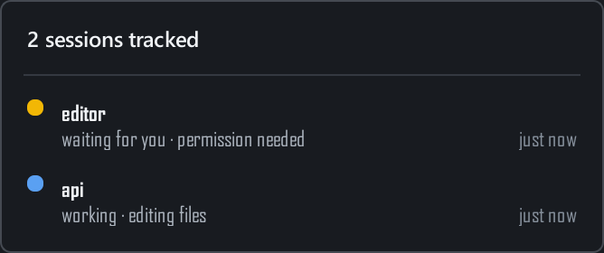 Session list with editor waiting for permission and api working